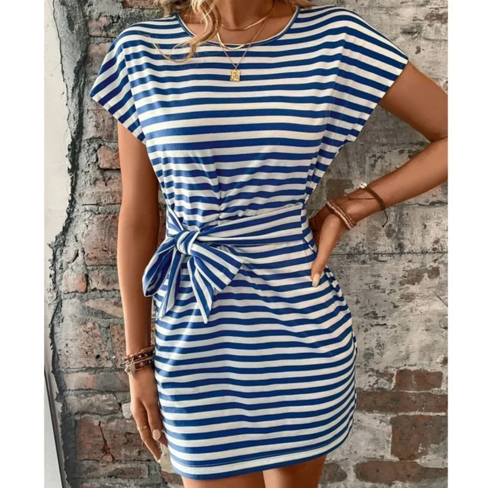 Nautical Womens Striped Batwing Sleeve Knot Front Dress - Picture 4 of 6